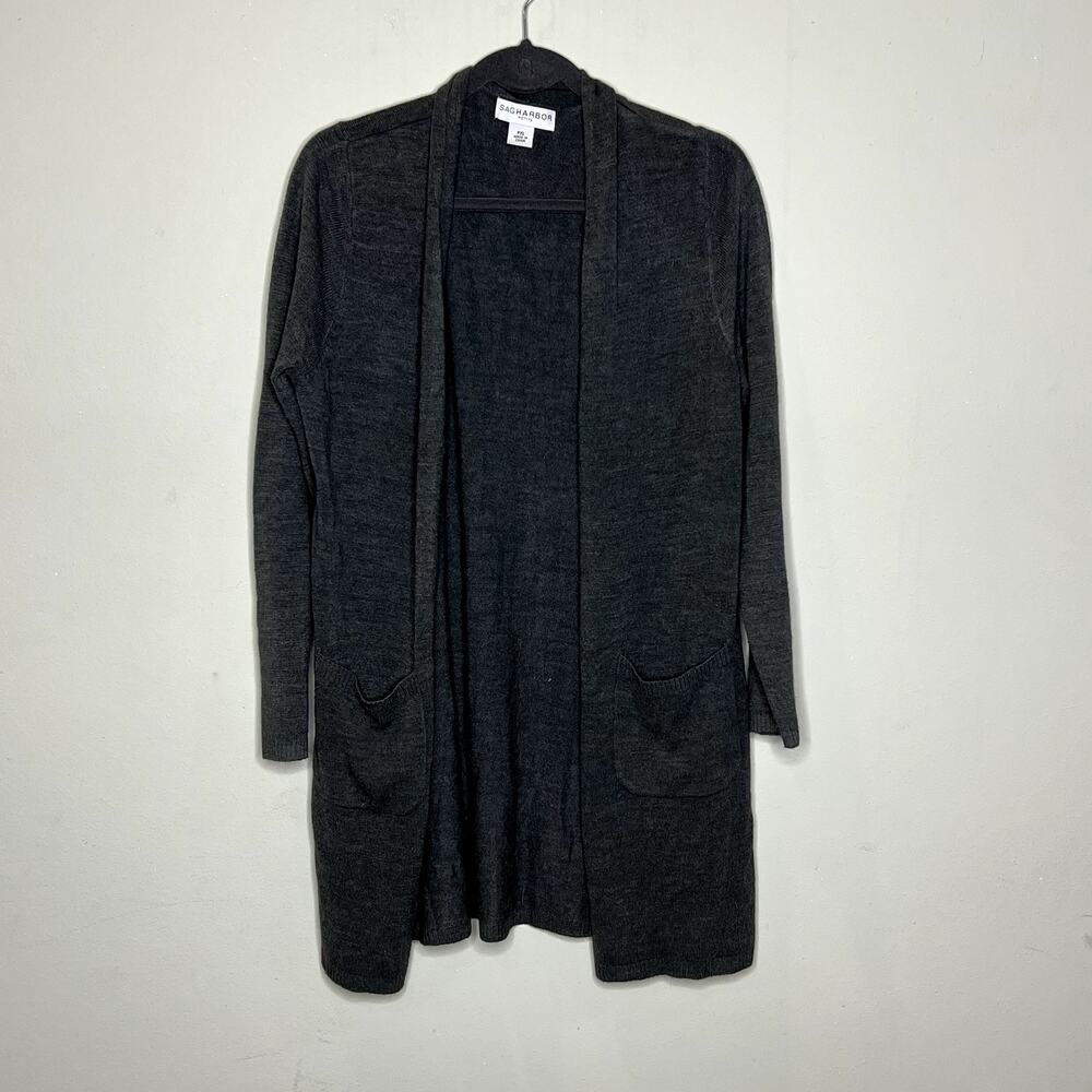 Sag Harbor‎ Heathered Black Pocket Open Front Cardigan Sweater Women's Size PXL